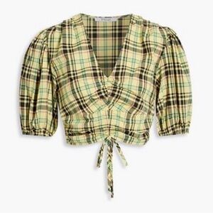 Derek Lam plaid blouse with V neck and puff sleeves. New W/tags. Size 4